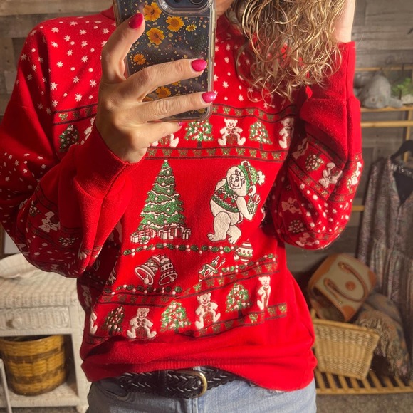 Vintage Tops - Vintage Sky Light Christmas Puffy Graphic Glitter Sweatshirt